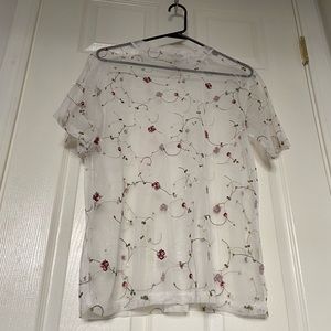 White mesh shirt with floral embroidery